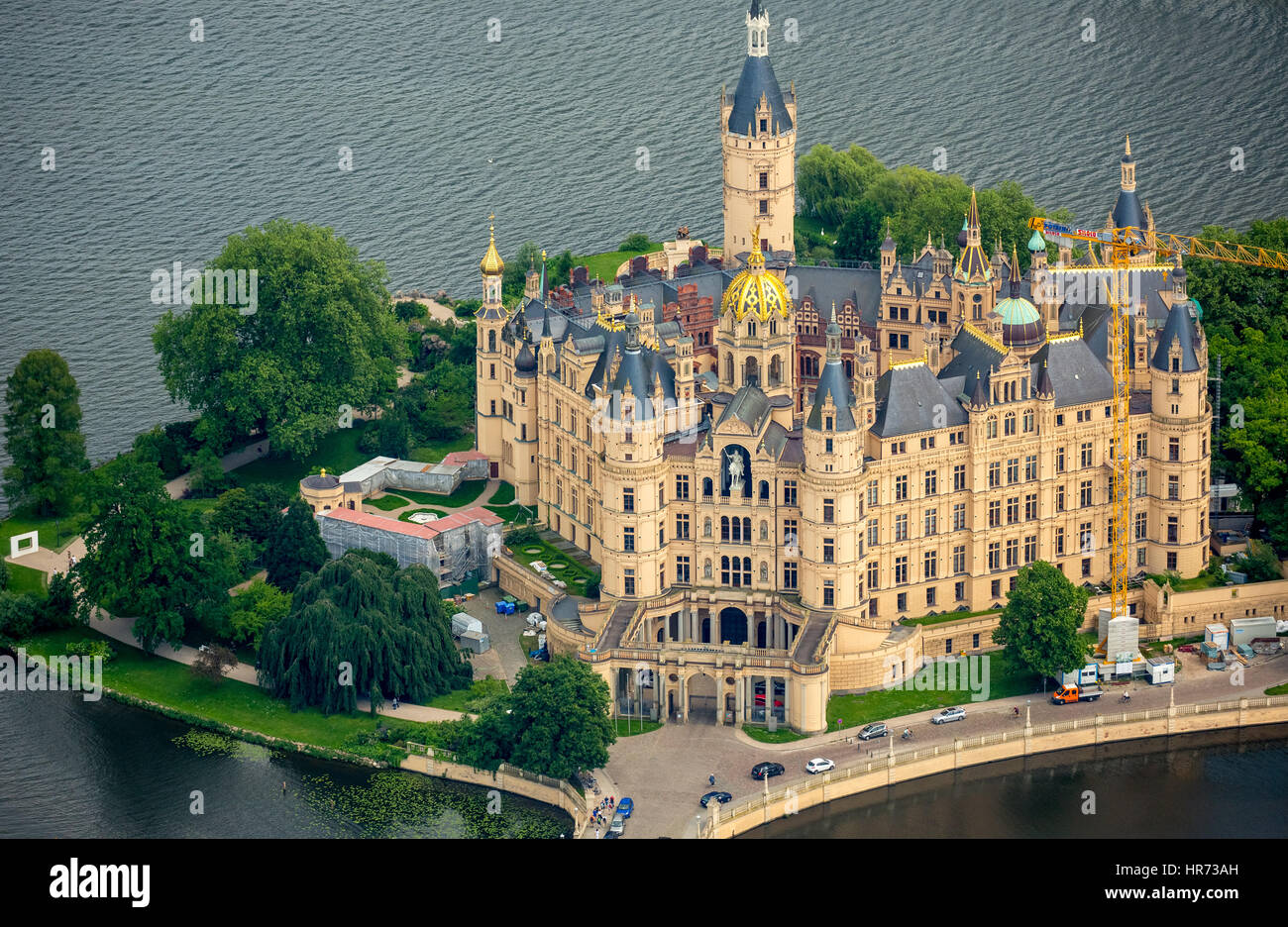 Castello di Schwerin, il giardino del castello, il Lago Burgsee, lago Schweriner vedere, Schwerin, Meclemburgo-Pomerania Occidentale, Germania Foto Stock