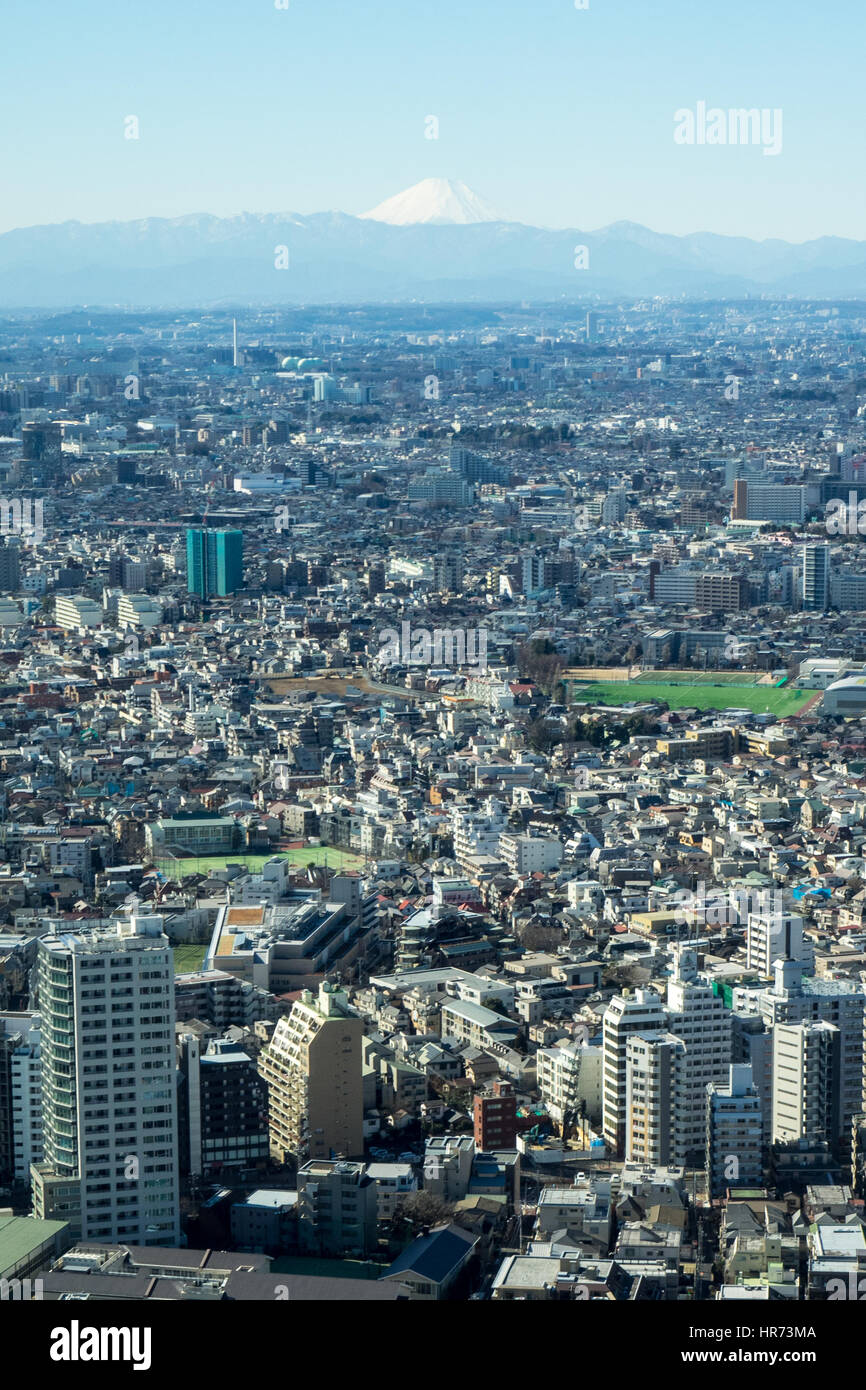 Vista panoramica di Tokyo e il Monte Fuji dal ponte di osservazione della Torre Nord del Governo Metropolitano di Tokyo complesso edilizio in Shinjuku. Foto Stock