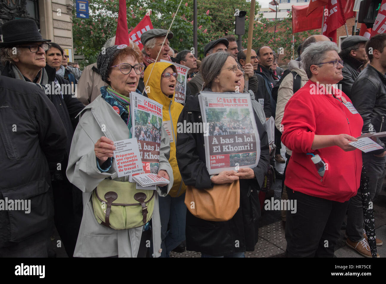 Lutte Ouvrière - manifestazione a Parigi contro il "diritto del lavoro - El Khomri' Foto Stock