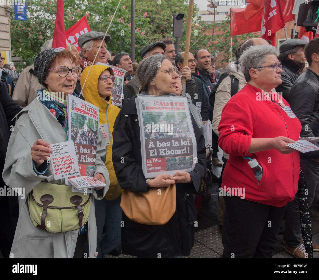 Lutte Ouvrière - manifestazione a Parigi contro il "diritto del lavoro - El Khomri' Foto Stock