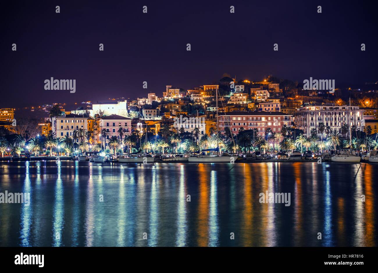 Notte in La Spezia Marina. Città di La Spezia Panorama. Liguria, Italia. Foto Stock