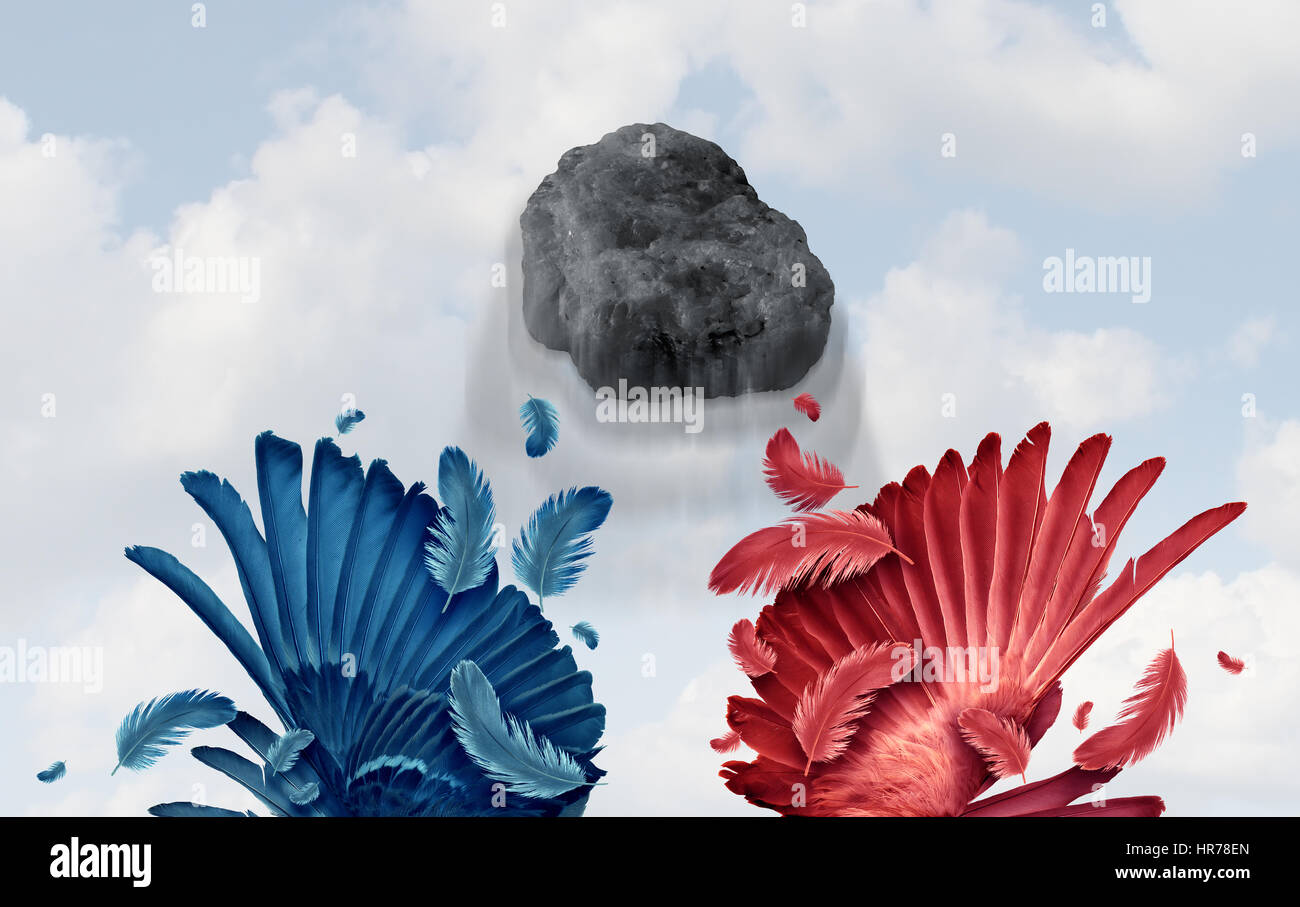 Due piccioni con una fava idiom concetto di efficienza aziendale e la produttività qualificati come una roccia di colpire due obiettivi in una sola volta con parti di un blu Foto Stock