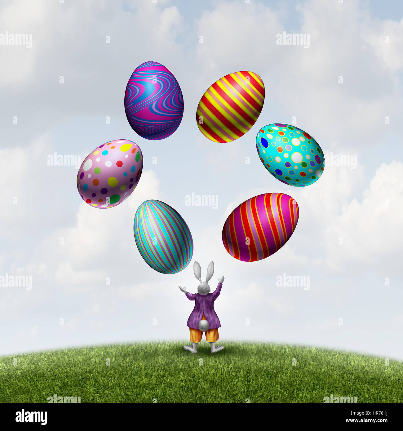 Il coniglio di giocoleria uova di Pasqua come un simpatico coniglietto stagionali mascotte giocando con decorazioni magiche vacanze di primavera simboli con 3D'illustrazione degli elementi. Foto Stock