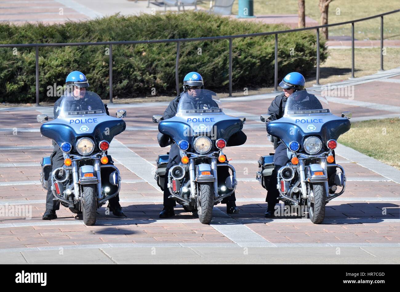 Motociclo poliziotti a "lo spirito dell'America' rally per Presidente Trump a Denver Foto Stock