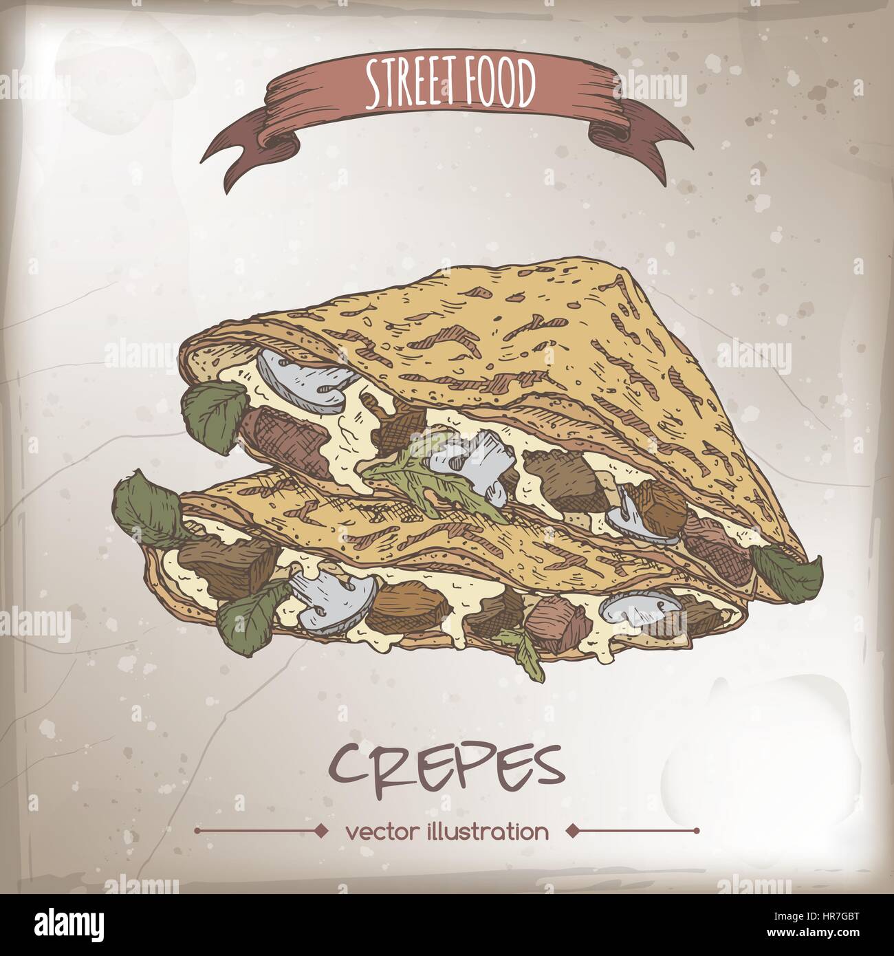 Crepes con carne, formaggio e funghi schizzo a colori su sfondo grunge. Cucina francese. Cucina di strada serie. Ottimo per libri di ricette, mercati, restaur Illustrazione Vettoriale