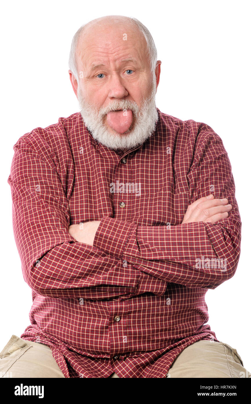 Carino senior uomo isolato su bianco Foto Stock