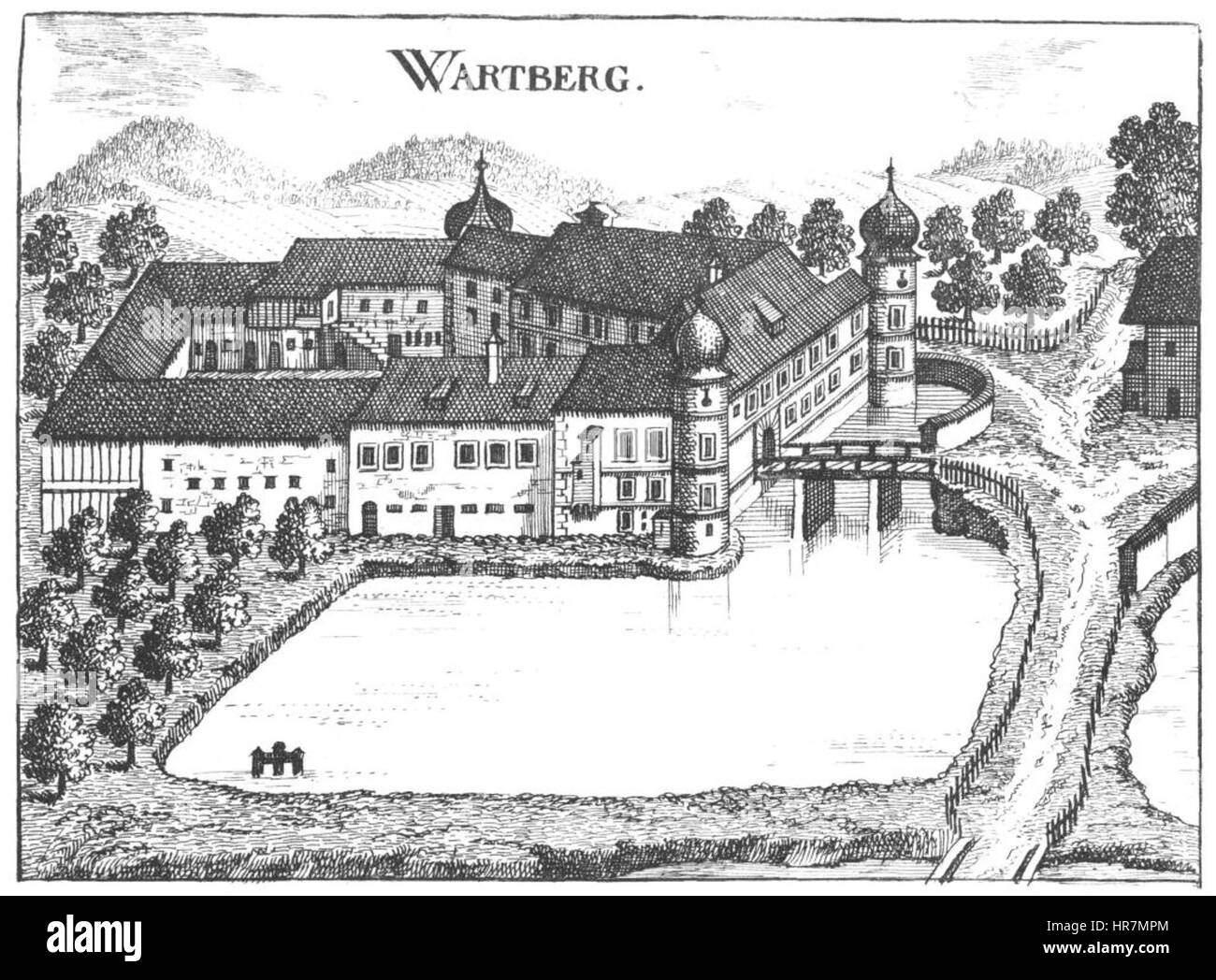 "Wartberg-neu” si riferisce a un'opera d'arte storica raffigurante una scena del castello di Wartberg. Il dipinto o l'illustrazione mette in risalto le caratteristiche architettoniche e le vedute panoramiche intorno al castello, concentrandosi sul paesaggio e sulla struttura stessa. Foto Stock