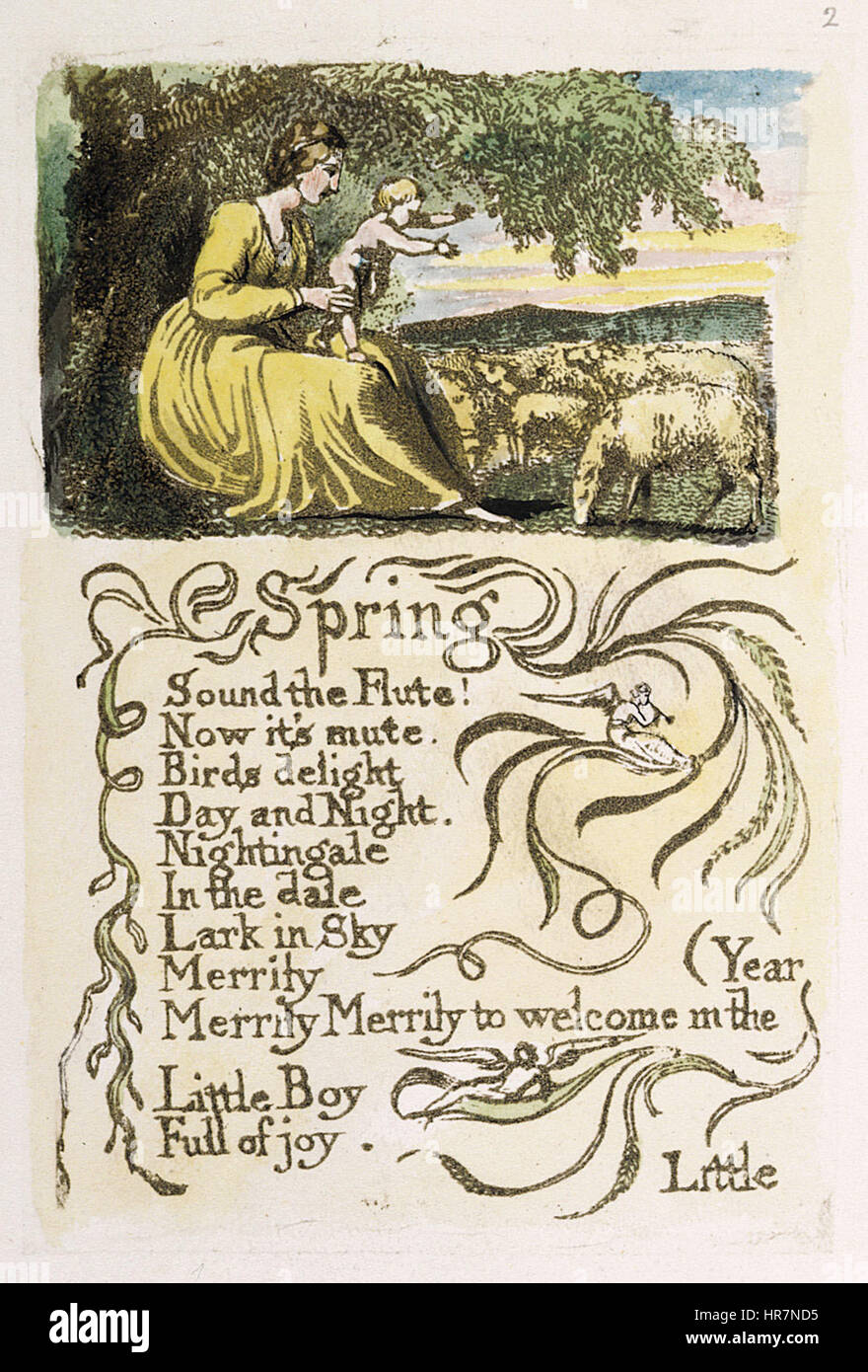 Songs of Innocence and of Experience è una raccolta di poesie di William Blake, pubblicata per la prima volta nel 1794. L’incisione “Primavera” rappresenta l’innocenza, con la sua raffigurazione di un bambino gioioso e la natura in fiore. Le opere di Blake esplorano temi contrastanti di innocenza ed esperienza, rappresentando la purezza e la corruzione dell'anima umana attraverso immagini vivide e simbolismo. Foto Stock