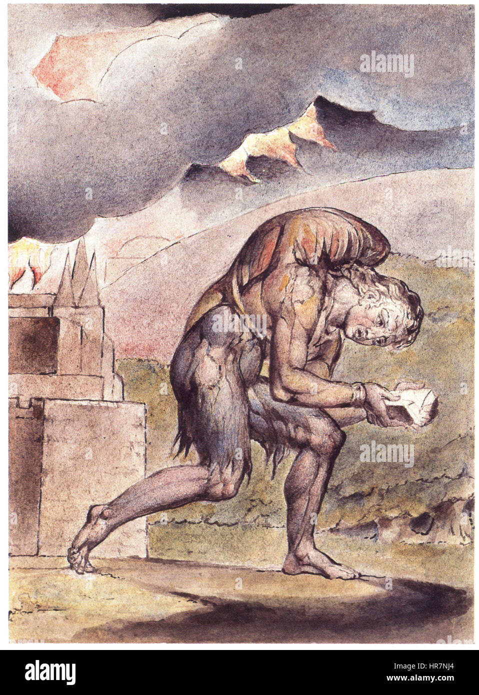 John Bunyan - Christian Reading in His Book di William Blake cattura un momento dal "progresso del Pellegrino" di Bunyan. L'opera ritrae Christian in un momento spirituale, leggendo il suo libro, sottolineando lo stile allegorico e simbolico dettagliato di Blake. Foto Stock