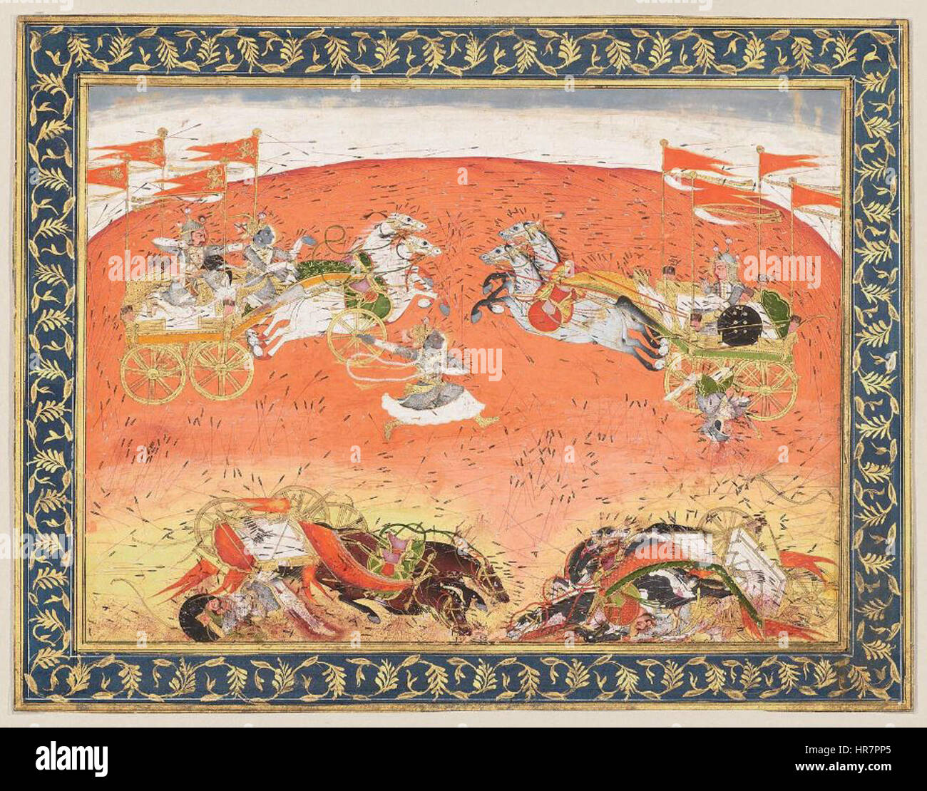 La battaglia tra Arjuna e Karna, descritta nel Mahabharata, rappresenta un momento di intensa rivalità e combattimento. Questa opera d'arte cattura l'epico confronto, concentrandosi sull'abilità marziale e la profondità emotiva dei due leggendari guerrieri. Foto Stock