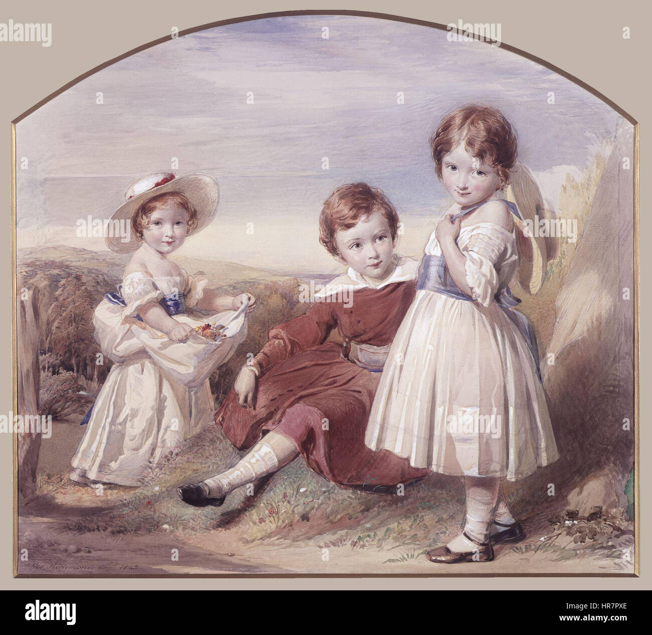 Il ritratto di George Richmond del poeta Algernon Charles Swinburne con le sue sorelle presenta una scena familiare, catturando le personalità distinte dei soggetti. Il comportamento espressivo di Swinburne è in contrasto con le espressioni serene delle sue sorelle, offrendo uno sguardo alla loro vita e alle loro relazioni personali. Foto Stock