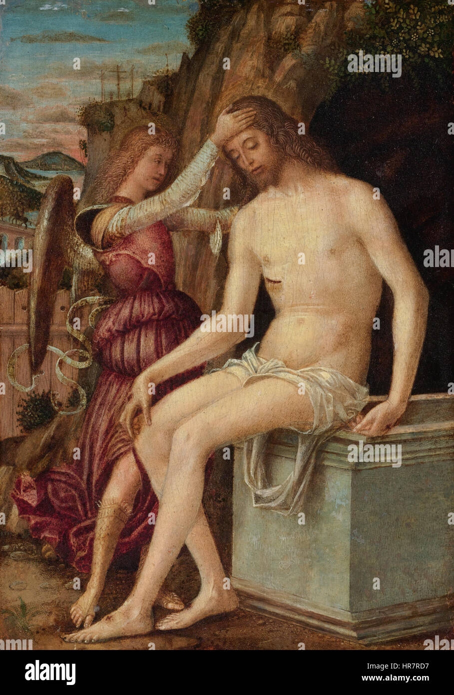 Il Cristo Risorto con un angelo, tempera su pannello da Giovanni Francesco Maineri Foto Stock