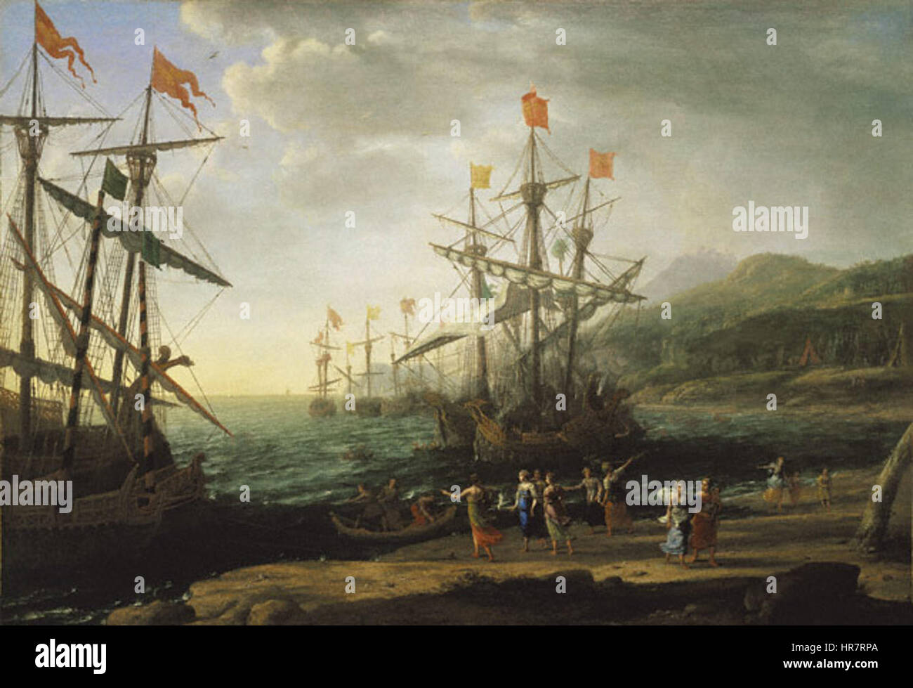 Il dipinto di Claude Lorrain, "le donne troiane che danno fuoco alla loro flotta", creato nel 1643, raffigura una scena mitologica della guerra di Troia. Mostra le donne di Troia che incendiano le loro navi come un atto di sfida, contro un paesaggio costiero drammatico. Foto Stock