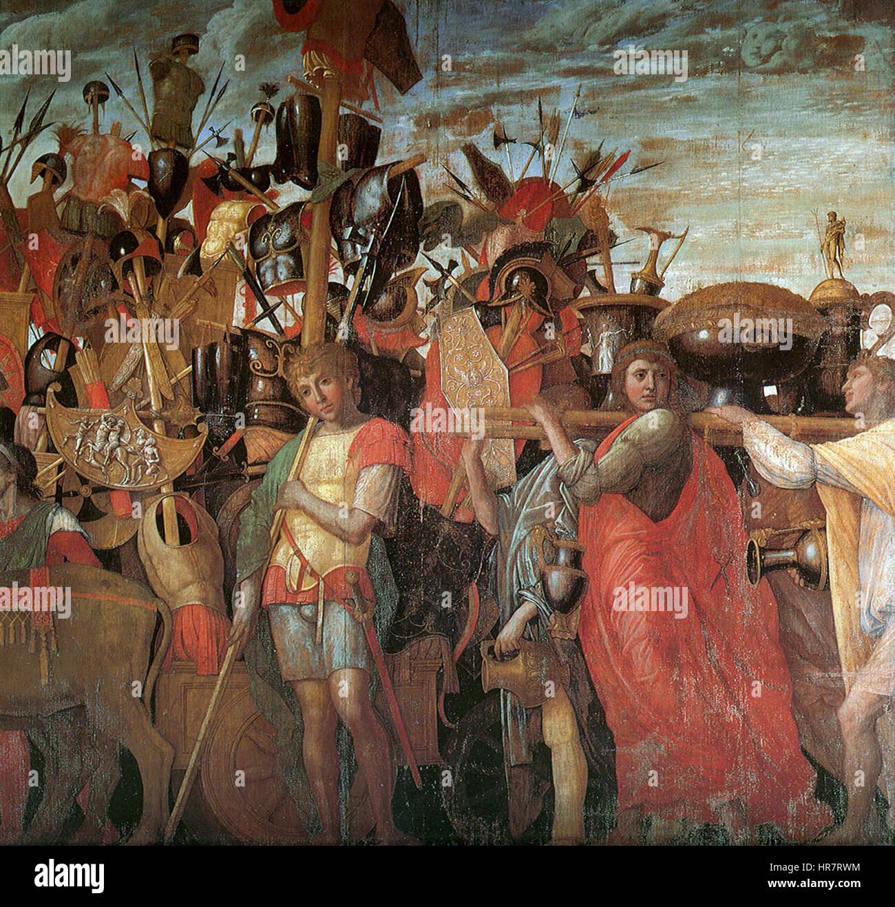 "Trionfi di Cesare 03" è un'illustrazione della serie "Trionfi di Cesare", che raffigura la processione trionfale che celebra le vittorie militari di Giulio Cesare. L'opera d'arte ritrae scene di grandezza romana e simbolismo imperiale. Foto Stock