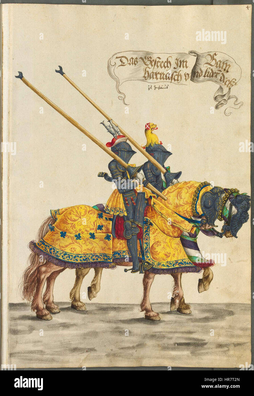 "Turnierbuch" di Hans Burgkmair è un manoscritto che illustra i tornei medievali. Le illustrazioni dettagliate catturano lo sfarzo e la cultura marziale dell'epoca, offrendo una panoramica sulle tradizioni cavalleresche e sui combattimenti medievali. Foto Stock