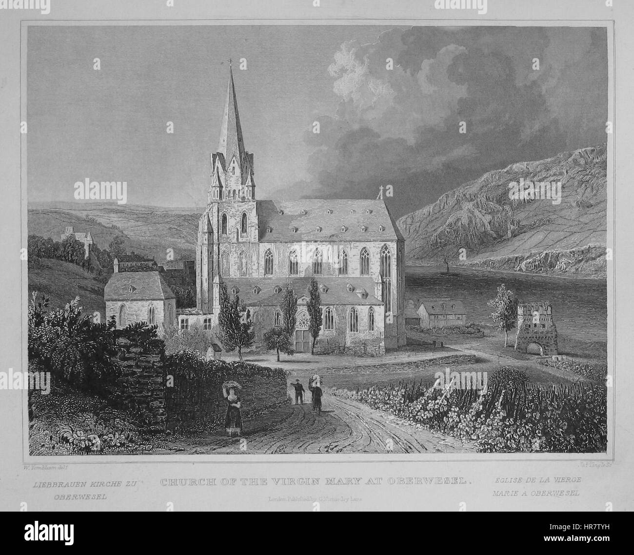 *Oberwesel Liebfrauen* di Thomas Tombleson è un dipinto paesaggistico del XIX secolo raffigurante la città di Oberwesel e la Chiesa di nostra Signora (Liebfrauenkirche). Il dipinto cattura l'architettura e la bellezza panoramica della Valle del Reno. Foto Stock