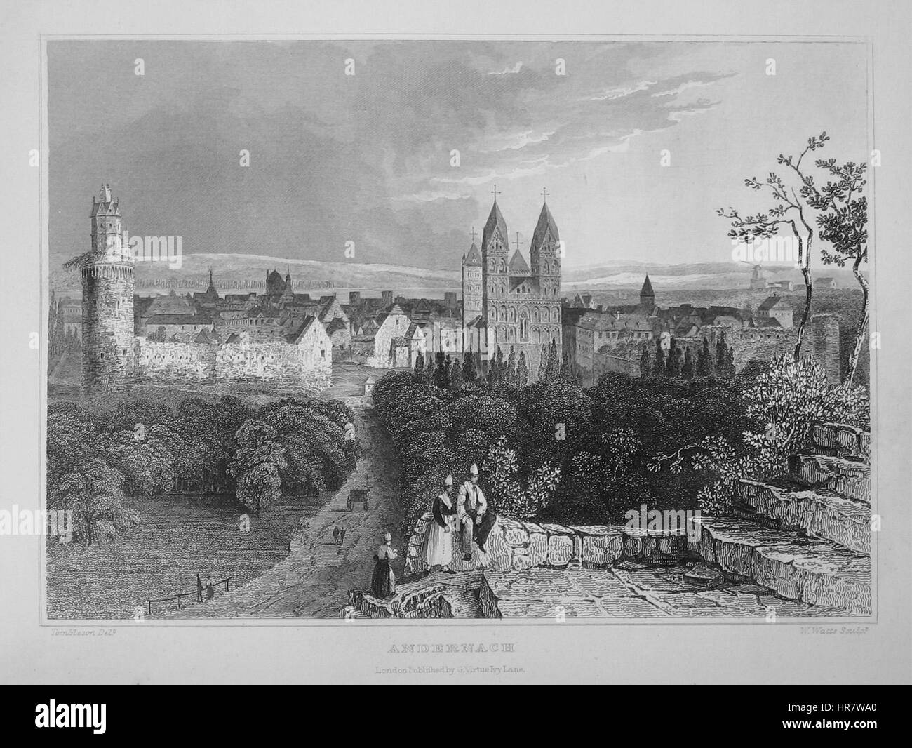 "Andernach 03" di Tombleson cattura una vista della città di Andernach, mostrando la sua architettura e le viste panoramiche sul fiume. L'opera evidenzia la capacità dell'artista di fondere elementi paesaggistici e urbani. Foto Stock