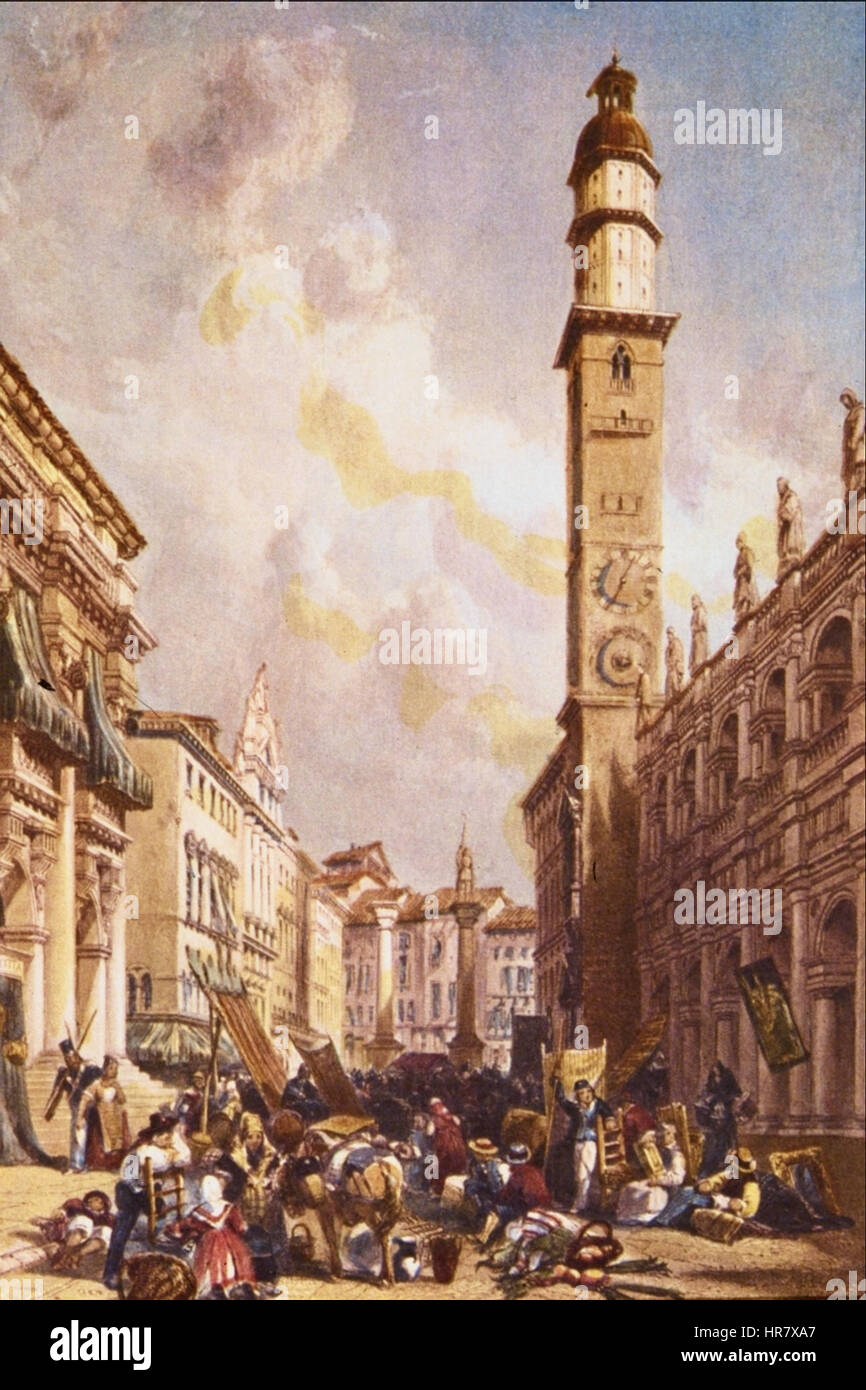 La "Vicenza" di James Duffield Harding raffigura la bellezza architettonica della città italiana di Vicenza. Conosciuta per i suoi edifici rinascimentali, il ricco patrimonio culturale e architettonico della città è catturato nel paesaggio dettagliato di Harding, sottolineando sia la grandezza che il significato storico delle sue strutture. Foto Stock