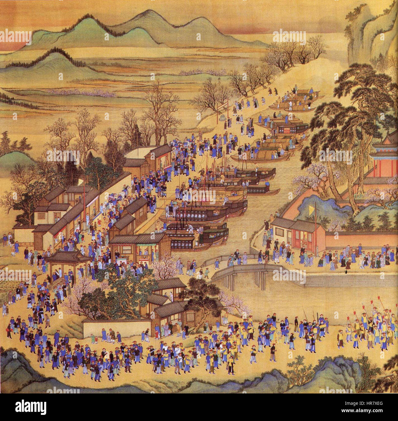 Wang Hui era un paesaggista cinese della dinastia Qing, noto per le sue dettagliate raffigurazioni di paesaggi naturali. Il suo lavoro in 'Wang Hui 4' esemplifica la sua maestria nel catturare la grandezza delle montagne e dei fiumi attraverso le tradizionali tecniche di pittura cinese. Foto Stock