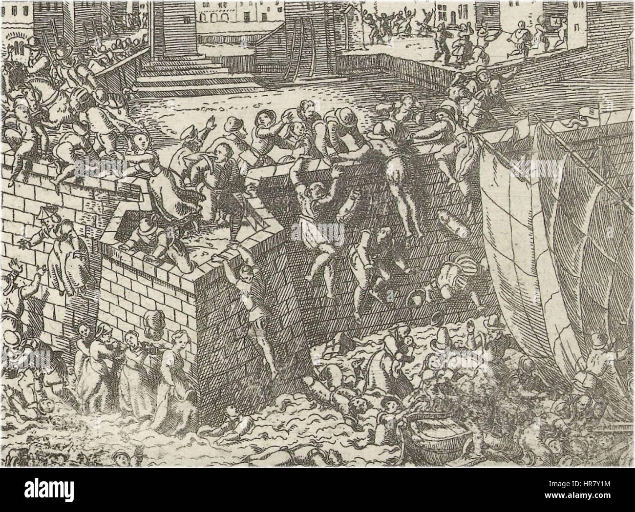 *Spaanse Furie, vluchtende hamburger* (la Furia spagnola, cittadini in fuga) rappresenta un momento caotico durante la Furia spagnola del 1576, quando le truppe spagnole attaccarono la città di Anversa. La scena mostra i civili in fuga nel terrore, catturando la violenza e la distruzione dell'evento. Foto Stock
