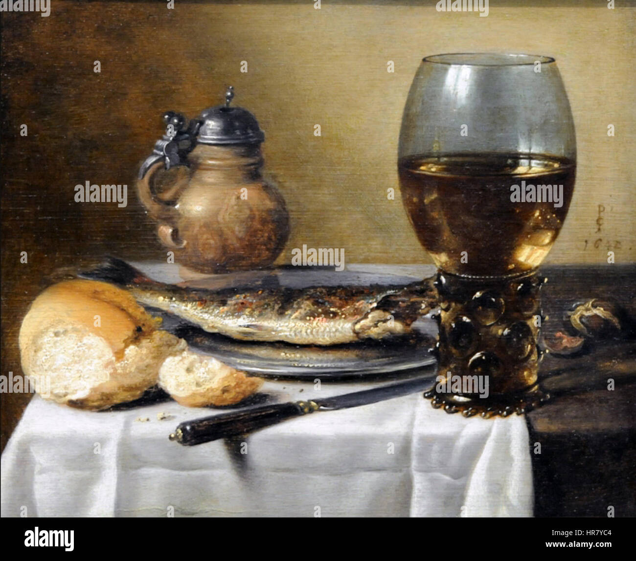 Caraffa in gres, bicchiere di vino, aringhe e pane. Claesz Foto Stock