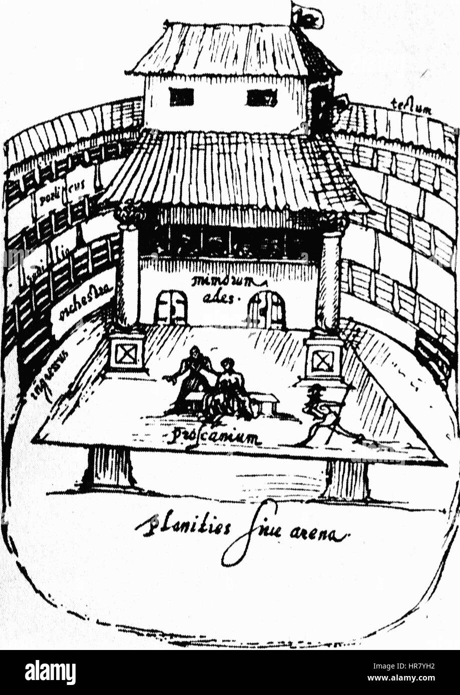 Questa illustrazione raffigura l'interno di un teatro dell'epoca di Shakespeare, mostrando lo stile elisabettiano con il suo tetto aperto, il palco in legno e gli spettatori in piedi nella fossa. Il design riflette le caratteristiche architettoniche del periodo e la natura intima ma affollata degli spettacoli. Foto Stock