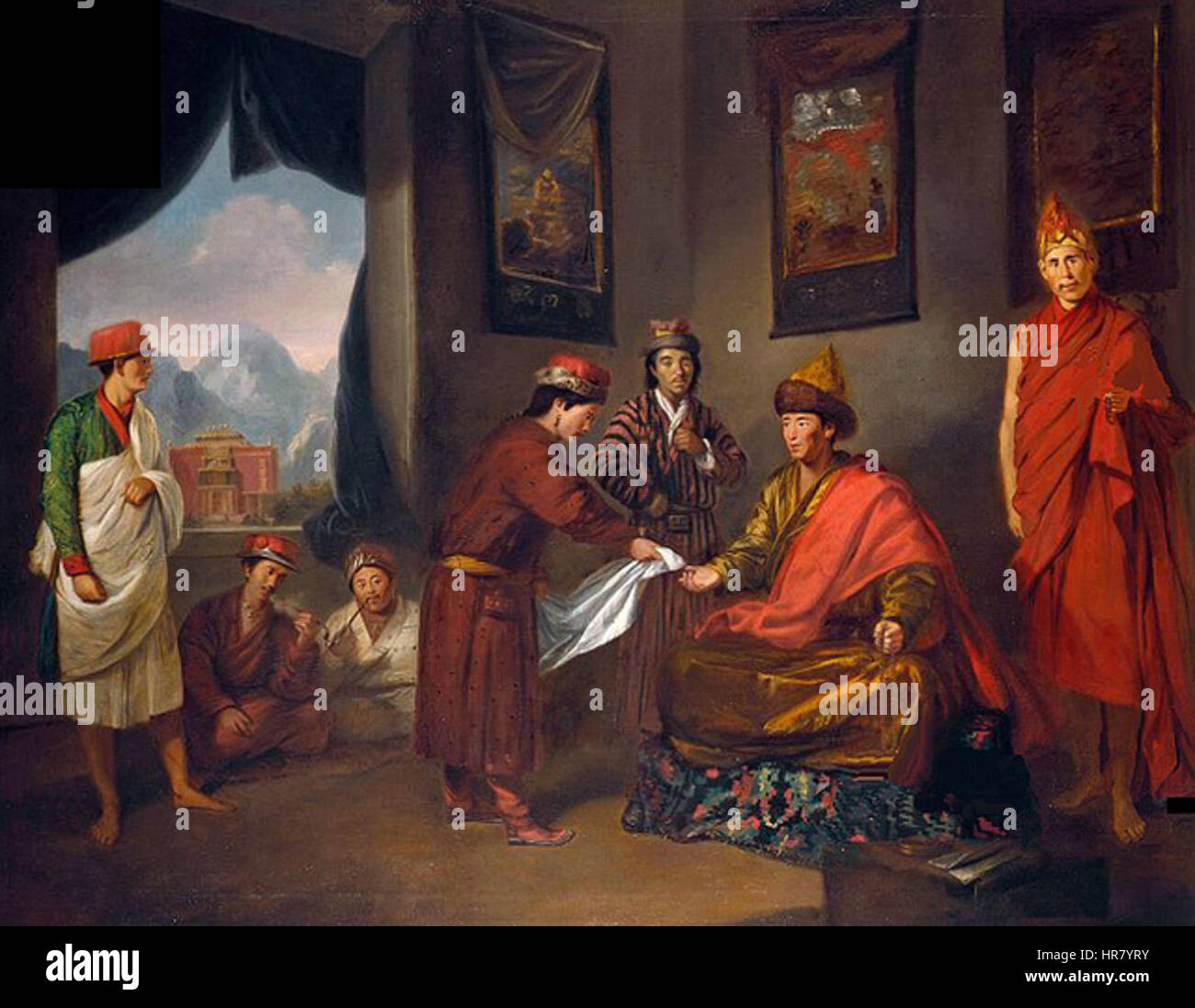 Il terzo Panchen Lama riceve George Bogle a Tashilhunpo, pittura ad olio, Tilly bollitore, c. 1775 Foto Stock