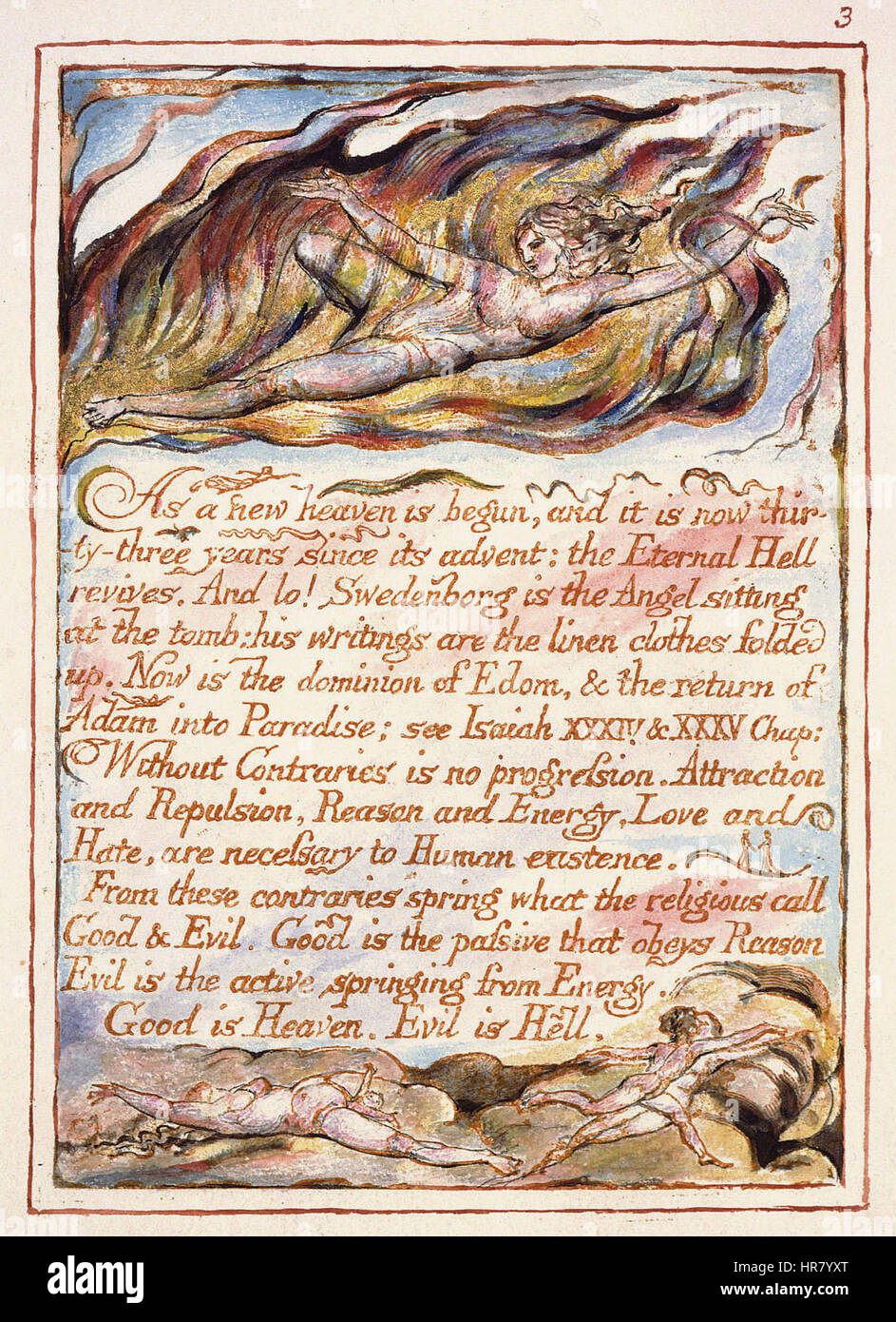 "The Marriage of Heaven and Hell" di William Blake esplora la relazione dinamica tra forze opposte, mescolando l'arte visionaria con temi filosofici. La copia del 1827, ospitata nel Fitzwilliam Museum, è una serie di incisioni e acquerelli che presenta rappresentazioni simboliche del cielo, dell'inferno e dell'esperienza umana. Foto Stock