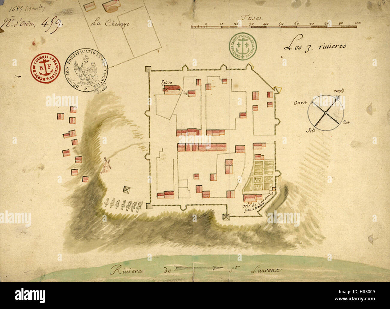 "Trois-Rivieres, 1685" ritrae il primo insediamento coloniale di Trois-Rivieres in Canada. Le opere d'arte riflettono la vita e la cultura del XVII secolo, con raffigurazioni di coloni francesi e popolazioni indigene che catturano il paesaggio storico della nuova Francia. Foto Stock