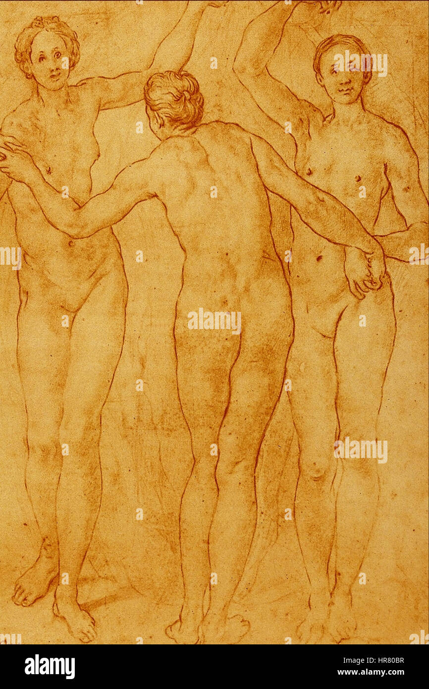 "Le tre Grazie" di Jacopo Carrucci, noto anche come Pontormo, è un dipinto iconico del periodo rinascimentale. Presenta il tema classico della grazia e della bellezza, con tre figure mitologiche. Foto Stock