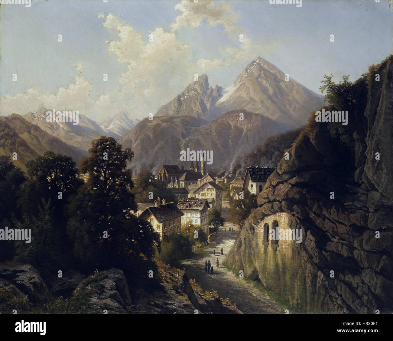 L'opera d'arte di Theodor Nocken "Ansicht von Berchtesgaden" presenta una vista dettagliata della città di Berchtesgaden in Germania, mettendo in evidenza i paesaggi alpini. Le sue opere spesso mostrano la pittoresca bellezza delle Alpi Bavaresi e dei loro villaggi circostanti. Foto Stock