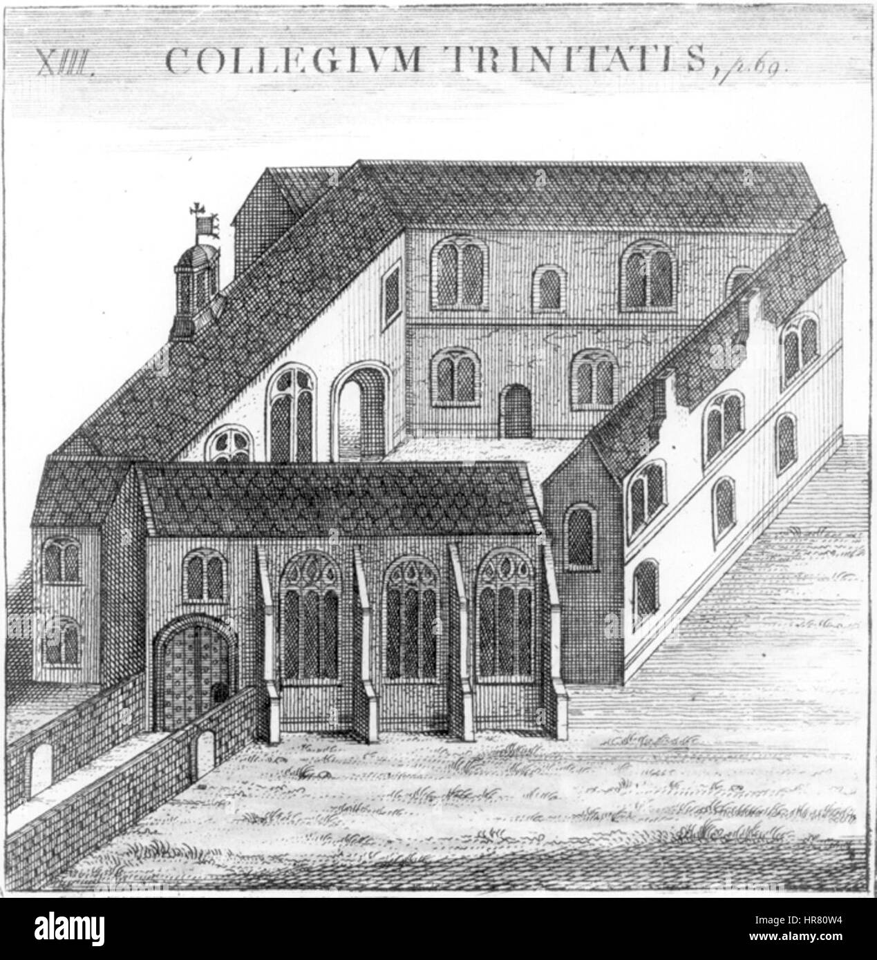 Questa incisione storica o dipinto del 1566 raffigura il Trinity College di Oxford, mostrando le sue caratteristiche architettoniche e i dettagli dell'istituzione accademica durante il XVI secolo, riflettendo il design e l'ambiente accademico dell'epoca. Foto Stock