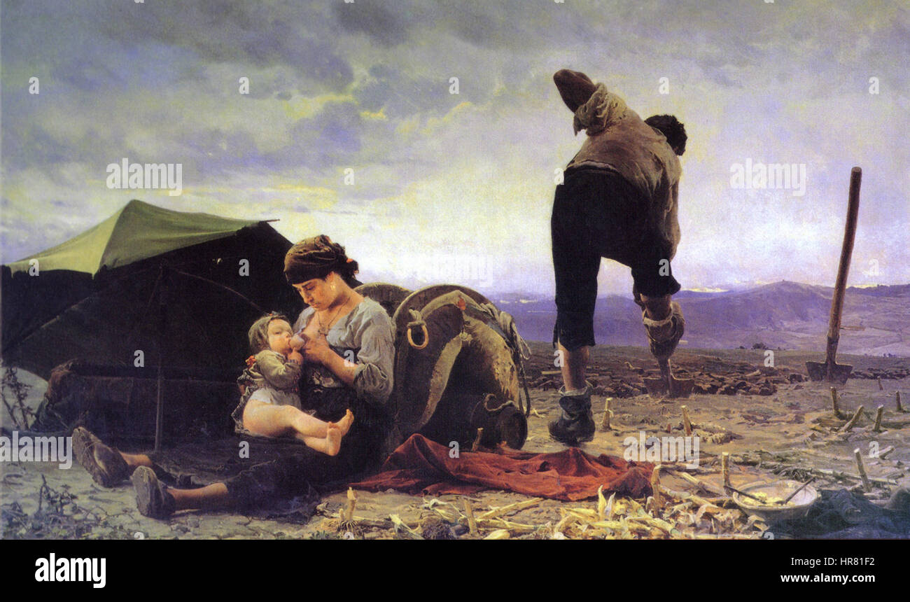 "Vanga e latte" è un'opera d'arte italiana che si concentra su una scena rurale, probabilmente raffigurante la vita agricola. Il dipinto cattura gli aspetti semplici ma essenziali dell'agricoltura, forse ritraendo un momento della vita quotidiana, sottolineando la connessione tra l'uomo e la natura in un ambiente rustico. Foto Stock