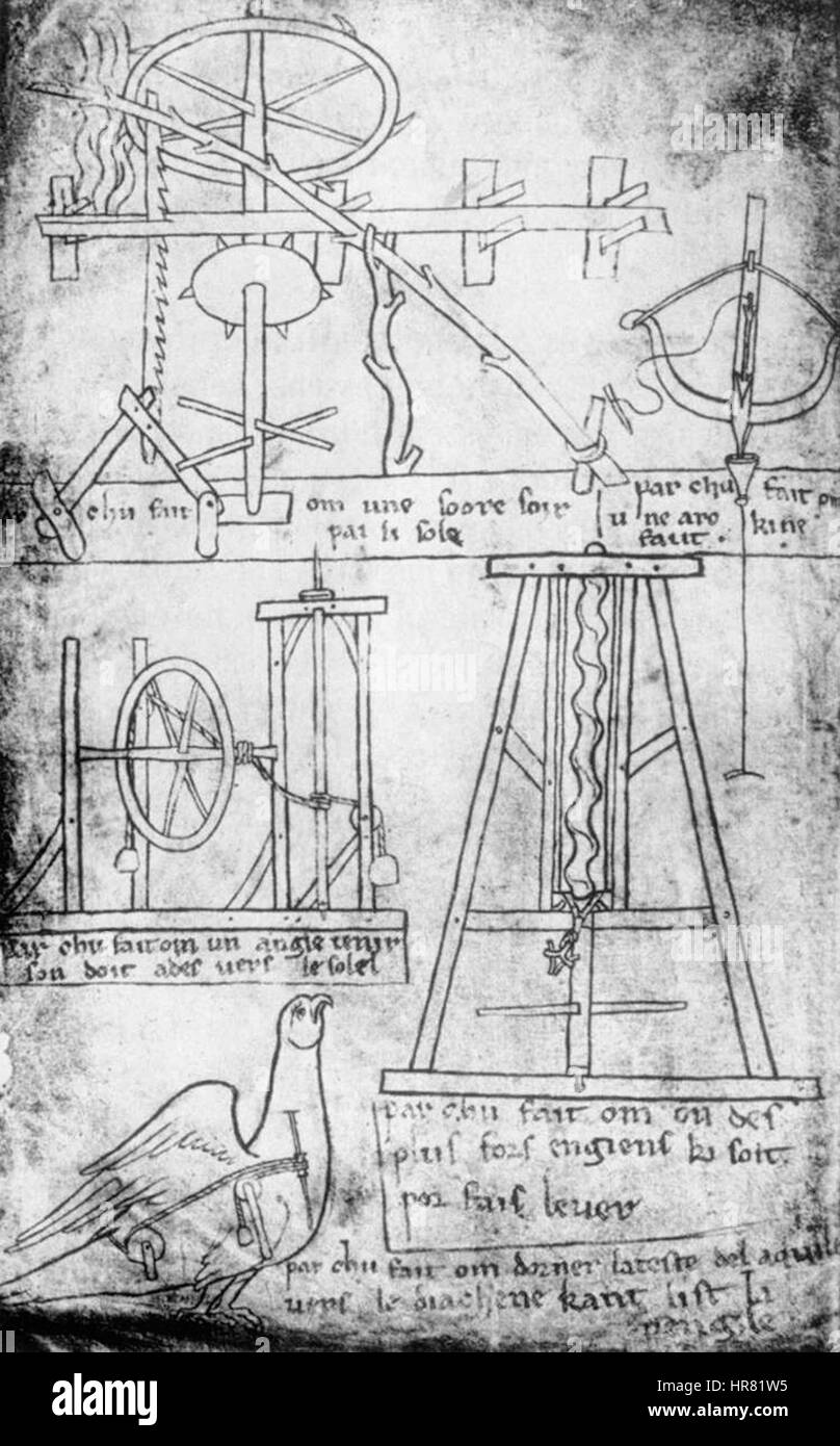 Gli schizzi del manoscritto di Villard de Honnecourt, intitolati "macchine", mostrano complessi progetti meccanici. Questi disegni, creati nel XIII secolo, sono una testimonianza del primo sviluppo dell'ingegneria e dell'innovazione nell'Europa medievale, con progetti per macchine, strumenti e architettura. Foto Stock