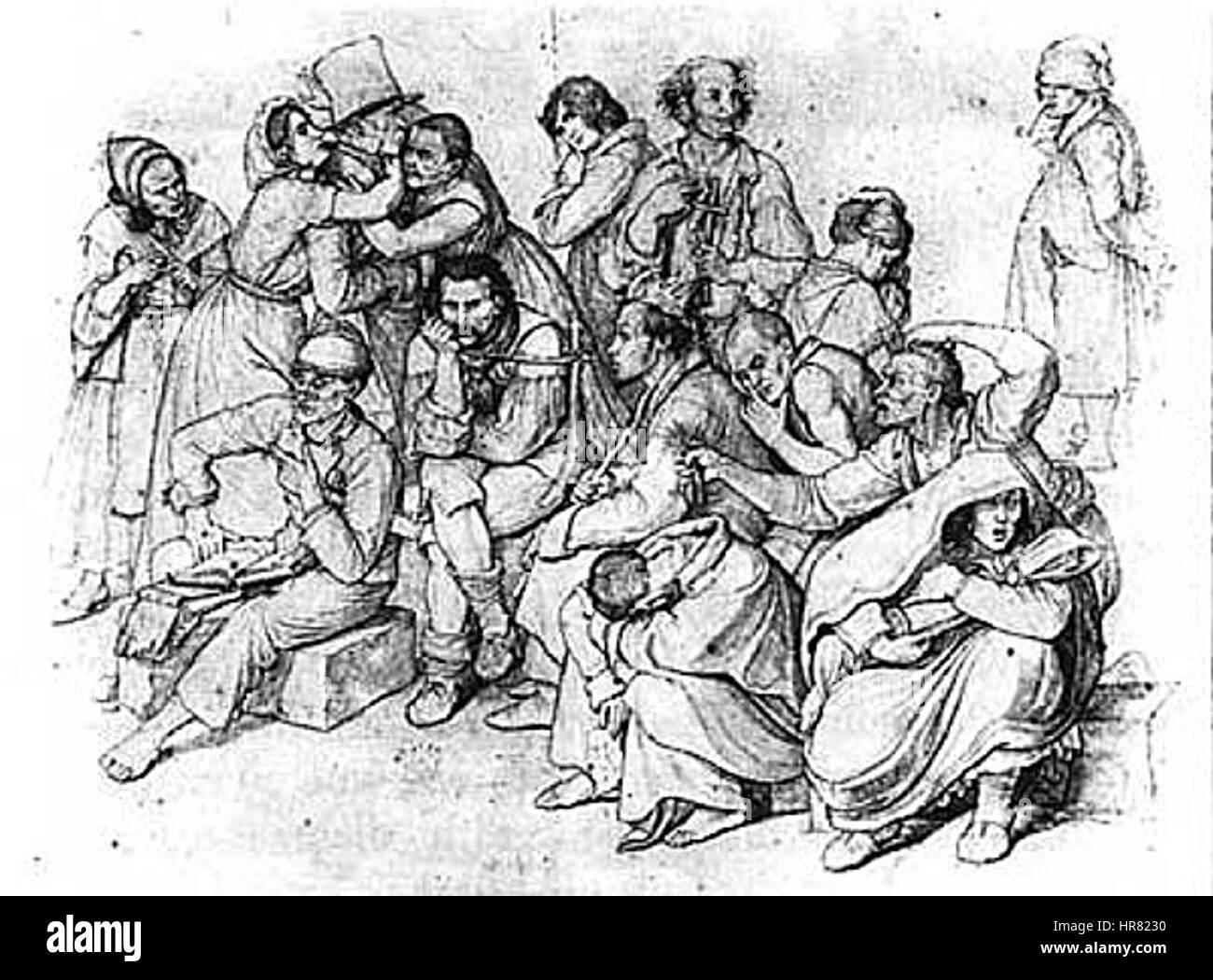 "DAS Narrenhaus" di Wilhelm von Kaulbach è un dipinto del XIX secolo che raffigura una scena di follia, che riflette il commento sociale sulla malattia mentale e gli atteggiamenti sociali nei suoi confronti durante il tempo. L'opera è nota per il suo uso drammatico della luce e dell'ombra e per la sua rappresentazione dell'intensità emotiva. Foto Stock