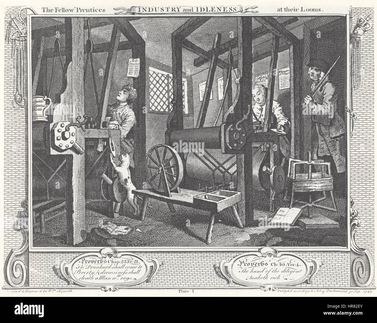 William Hogarth - Industria e ozio, piastra 1; Il borsista 'Prentices a loro telai Foto Stock