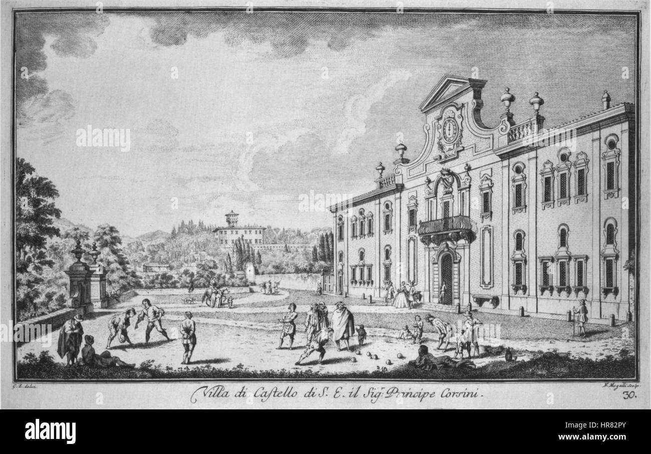 "Ville 32 Corsini a Castello" di Zocchi è una dettagliata vista panoramica di una villa in Italia. Il dipinto cattura le caratteristiche architettoniche dell'edificio e la sua bellezza naturale circostante, offrendo uno sguardo sulla vita delle ville italiane. Foto Stock