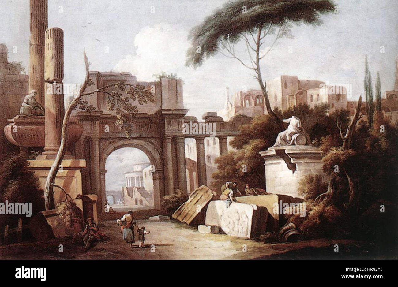 Antiche rovine con un grande arco e una colonna, un dipinto a olio su tela di Giuseppe Zais, un artista italiano, creato tra il 1735 e il 1740. Foto Stock