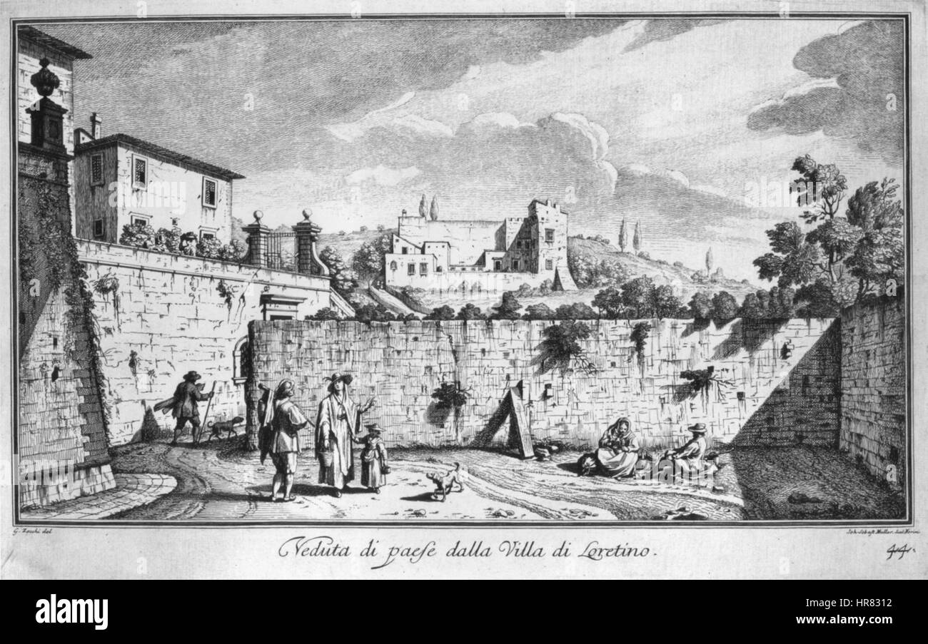 "Ville 46 Loretino" di Zocchi è un'immagine raffigurante una città italiana, che mostra il paesaggio tipico e le caratteristiche urbane dell'Italia del XVIII secolo. L'opera mette in risalto il design classico dell'architettura italiana e i panorami panoramici. Foto Stock