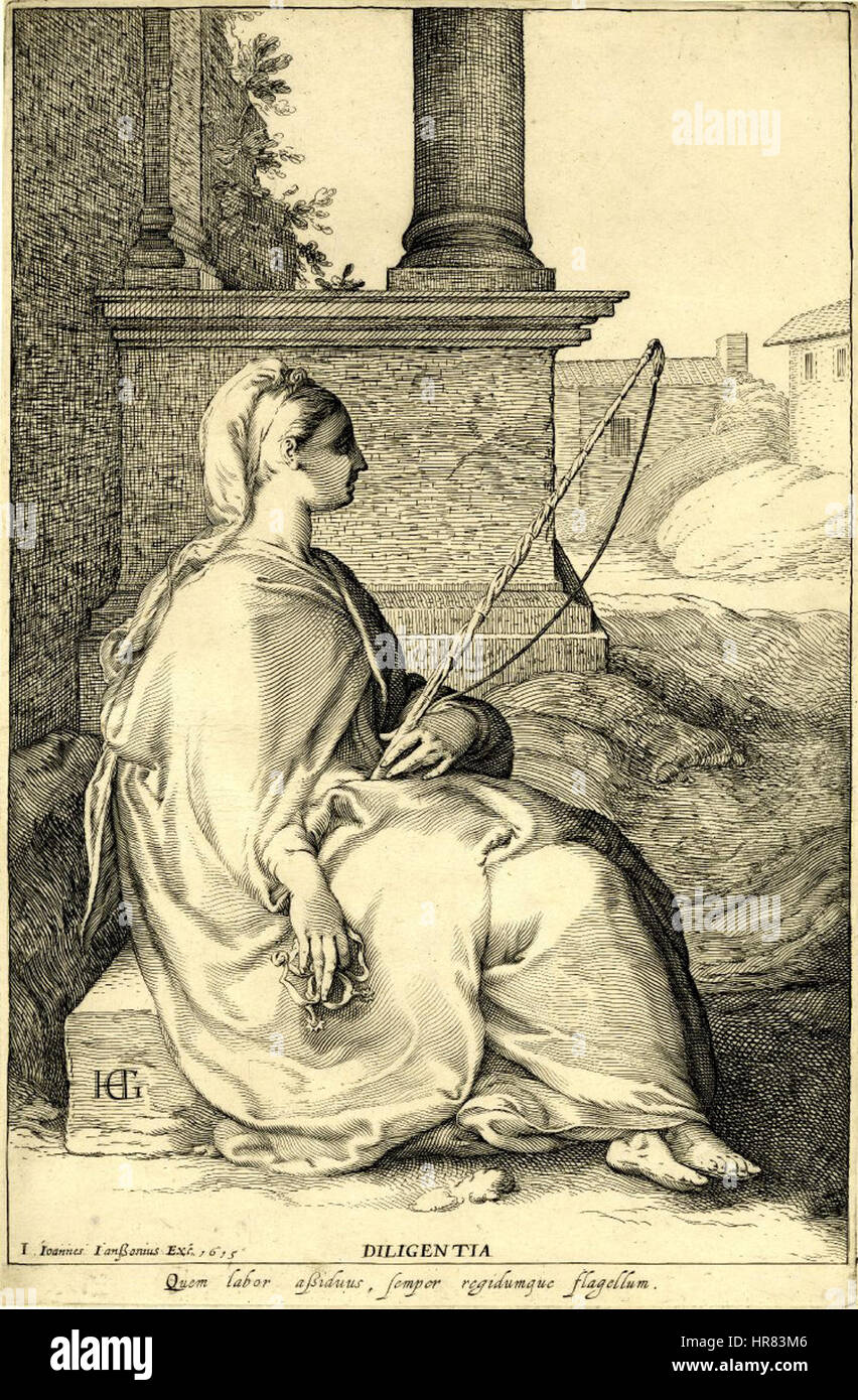 Diligentia, la personificazione della Diligenza, in un'incisione di Jan Saenredam su disegno di Hendrik Goltzius, 1615. Foto Stock