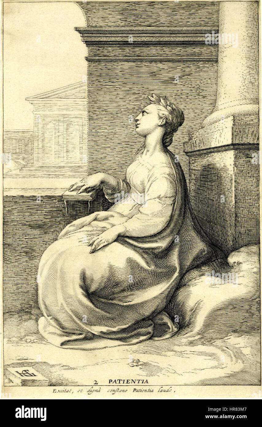Patientia, una delle tre virtù, in un'incisione di Jan Saenredam su disegno di Hendrik Goltzius, 1615. Foto Stock