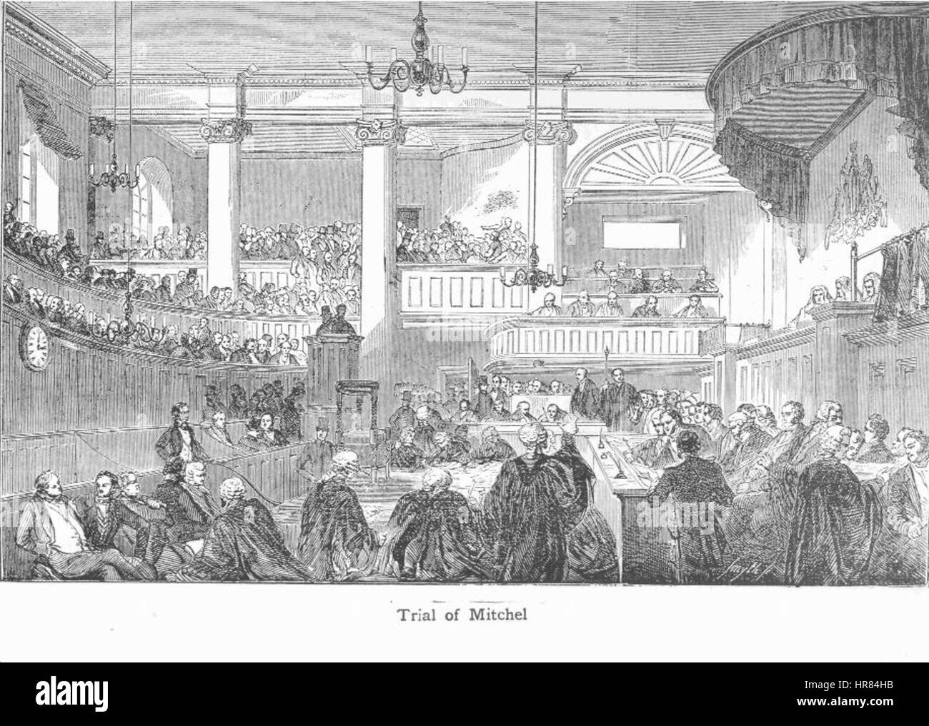 Il "processo di John Mitchel" ritrae il significativo evento storico del 1848, in cui John Mitchel, un nazionalista irlandese, fu processato per il suo ruolo nella ribellione irlandese. L'opera d'arte cattura l'intensa atmosfera politica del periodo. Foto Stock