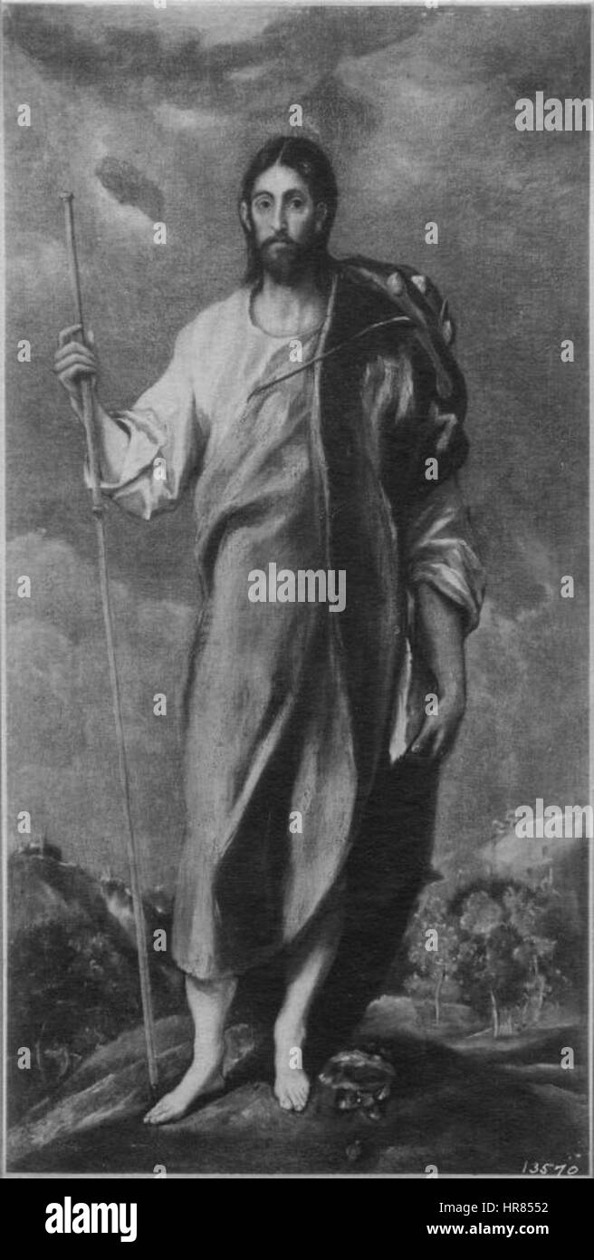 Questo dipinto di San Giacomo come pellegrino, datato 1597, illustra il santo in abiti tradizionali, riflettendo il suo viaggio e la sua missione religiosa. L'opera si concentra sul suo ruolo spirituale, enfatizzando l'umiltà e la devozione durante il pellegrinaggio. Foto Stock