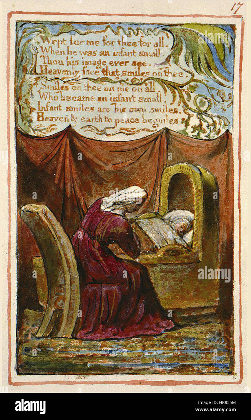"A Cradle Song" di William Blake, tratto dalla sua raccolta "Songs of Innocence and of Experience", riflette il suo caratteristico stile visionario, fondendo l'innocenza con temi più scuri. L'incisione mostra una scena tenera, che riflette sia la semplicità dell'infanzia che la complessità della vita. Foto Stock