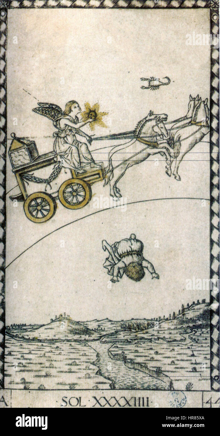 Il *Trumpfkarte* (carta vincente) dei Tarocchi di Mantegna, intitolato *Sol* (Sole), raffigura il sole come un potente simbolo di luce e vita. La carta fa parte di un ponte rinascimentale, che combina temi allegorici e astrologici in una serie di illustrazioni dettagliate. Foto Stock