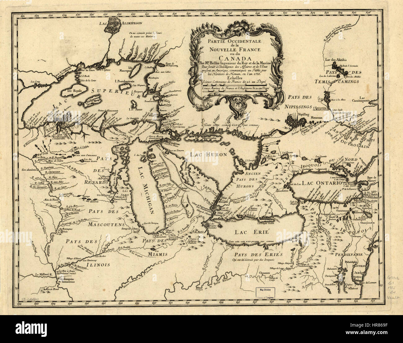 La parte occidentale della Nuova Francia o il Canada, fatto dal sig. Bellin, Royal Marine Engineer, allo scopo di approfondire la comprensione di Present-Day questioni politiche in America WDL185 Foto Stock