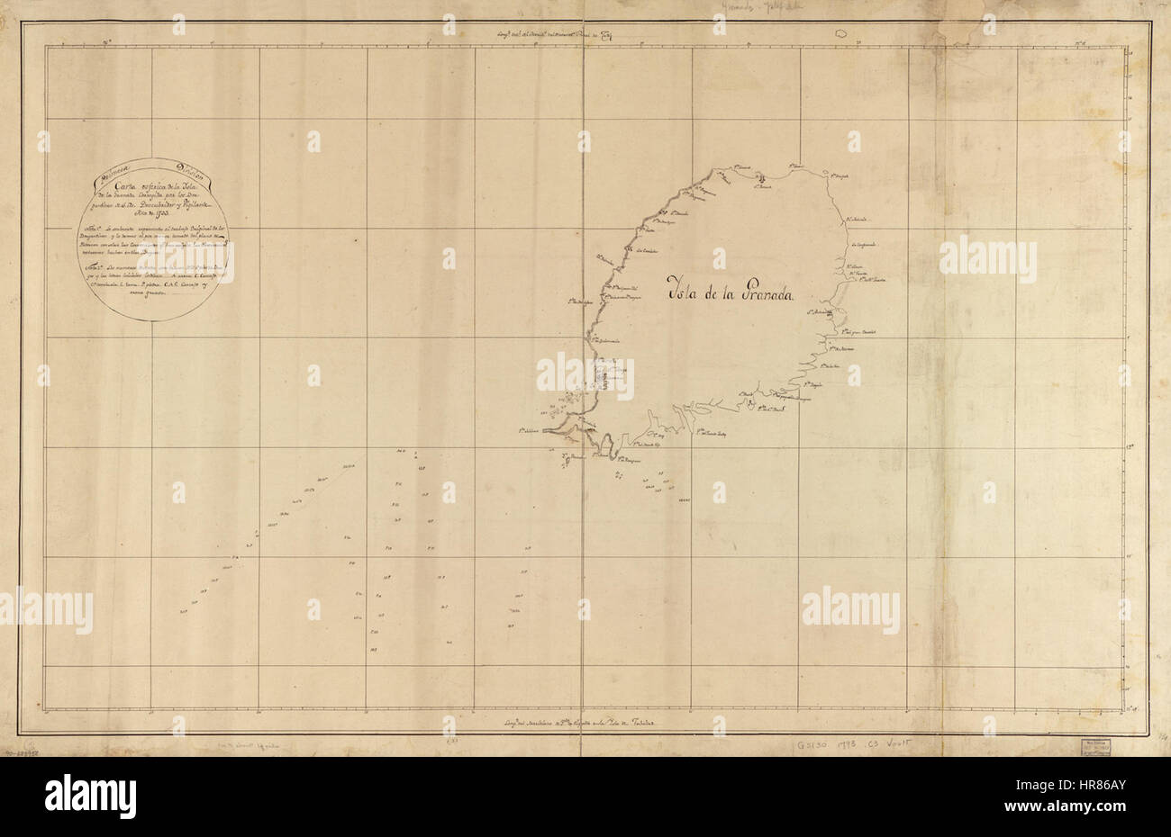 Questa mappa sferica dell'isola di Granada, un pezzo cartografico storico, illustra la geografia dell'isola in un formato tridimensionale unico, catturando con grande dettaglio le sue caratteristiche topografiche e la costa. Foto Stock