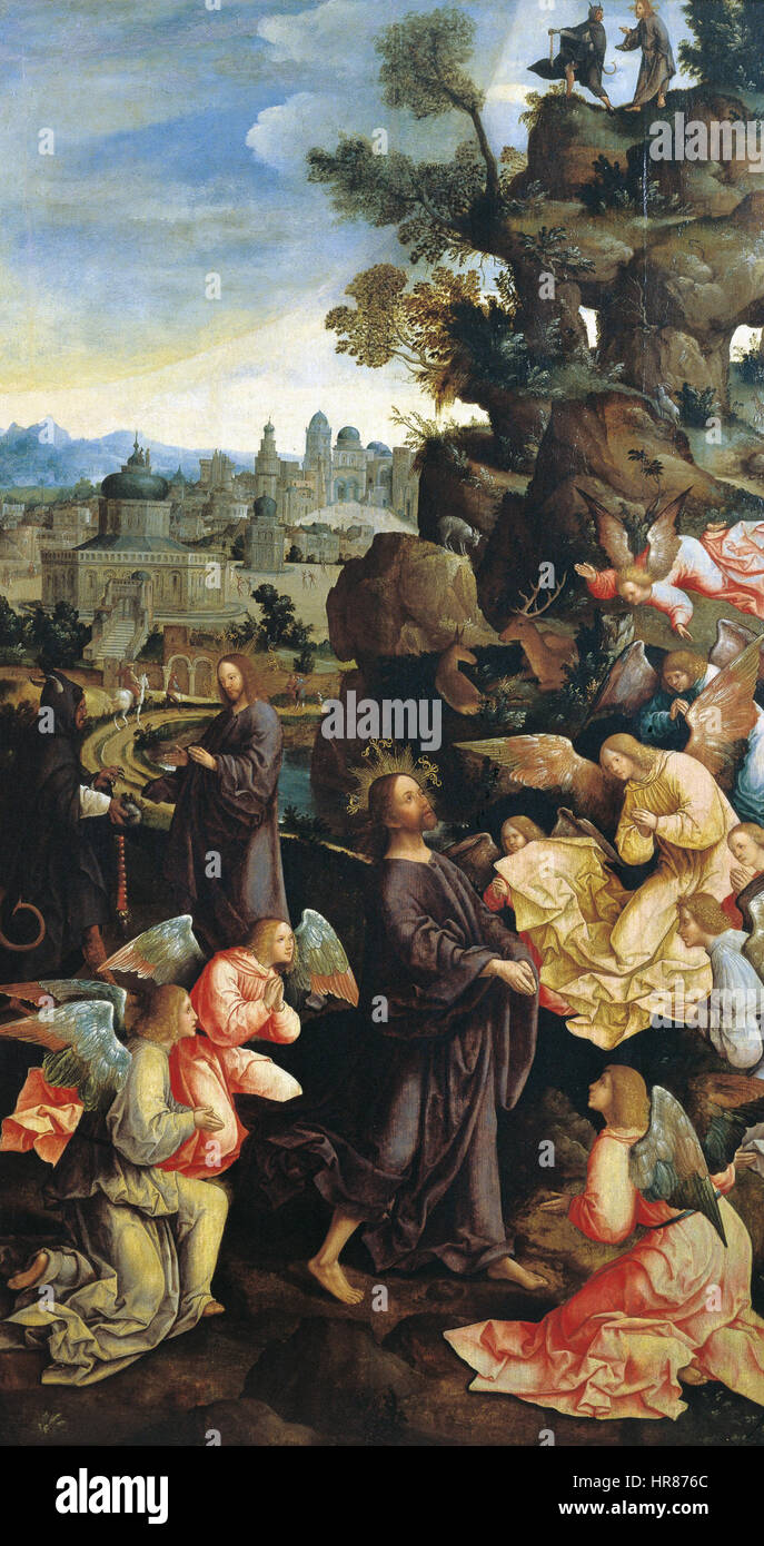 La tentazione di Cristo da Jacob Cornelisz van Oostsanen Foto Stock