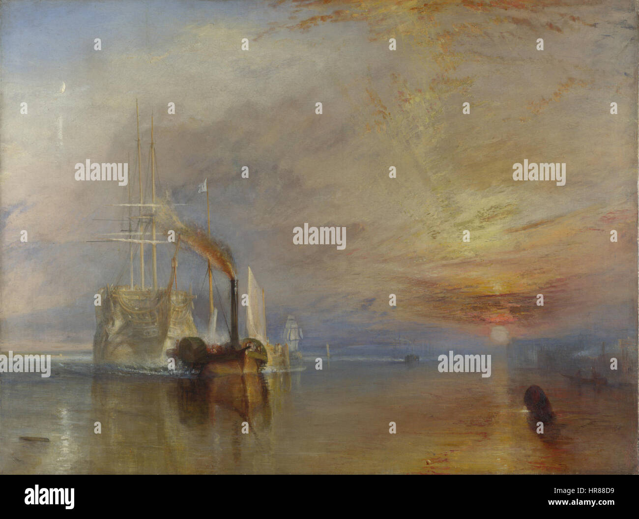 "The Fighting Temeraire", dipinto da J.M.W. Turner, cattura la maestosa nave da guerra britannica mentre viene trainata fino all'ormeggio finale. Il dipinto simboleggia la fine di un'epoca, ritraendo il passaggio dall'età della vela al potere del vapore in uno stile toccante e suggestivo. Foto Stock