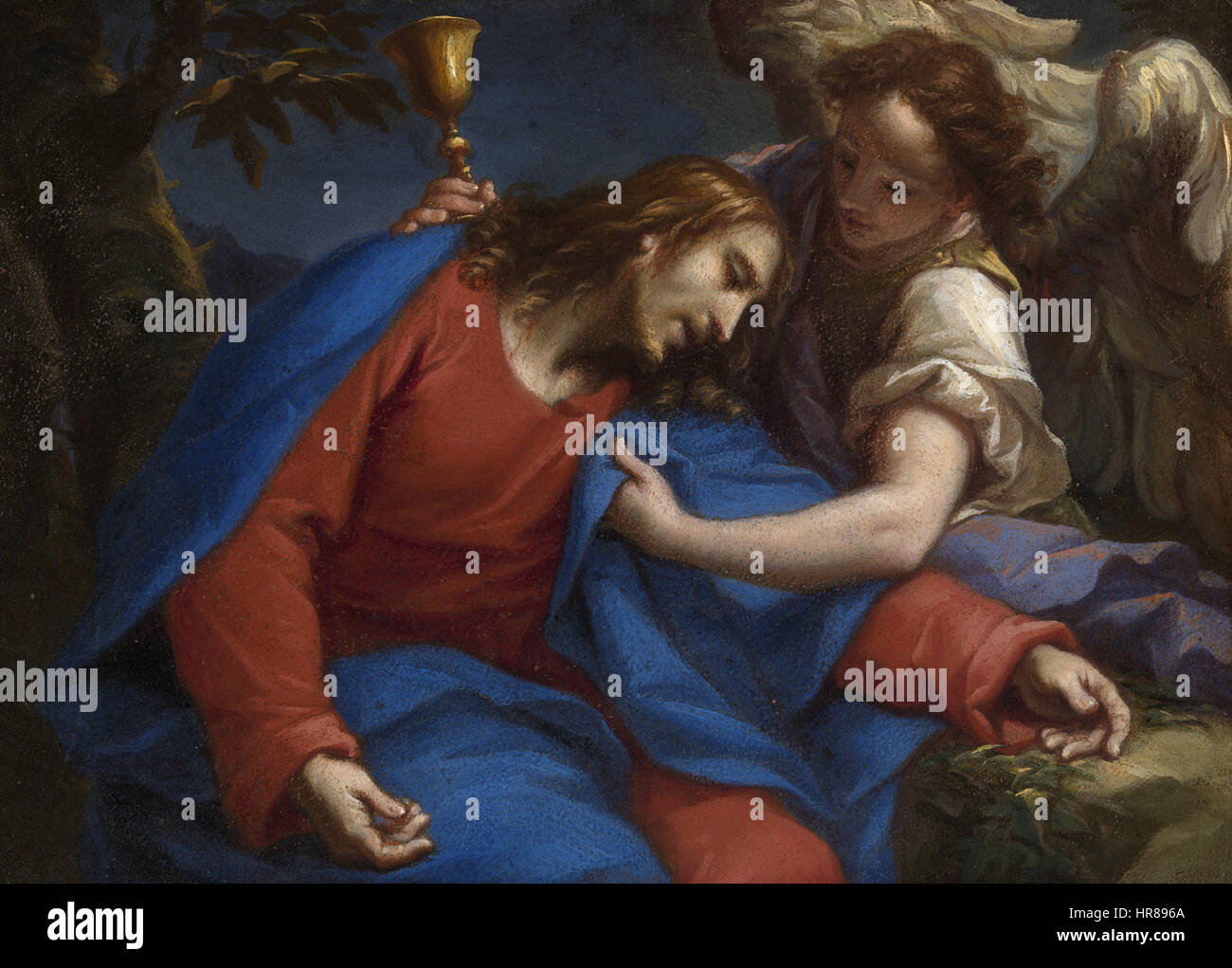 "Agonia nel giardino" di Trevisani raffigura il momento di preghiera e sofferenza di Cristo nel giardino del Getsemani. L'opera cattura l'intensità emotiva di questa scena biblica, riflettendo l'angoscia umana prima della crocifissione. Foto Stock